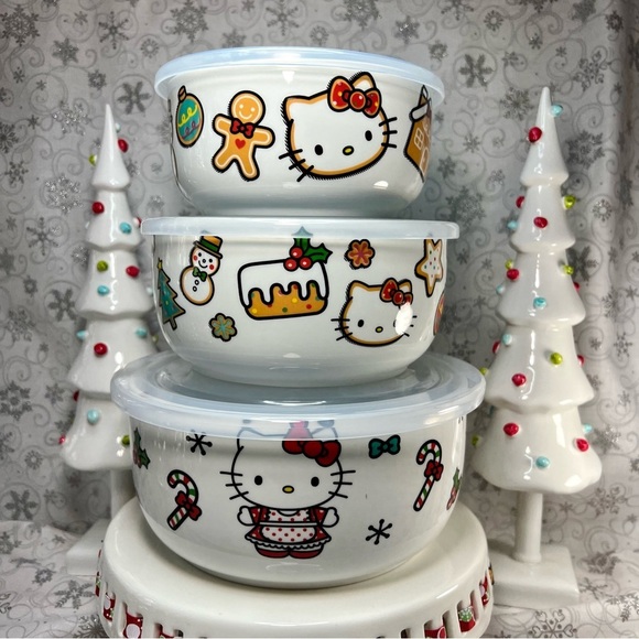 Christmas Sanrio Hello Kitty Gingerbread Candy Cane Ceramic Nesting Food Storage - Picture 3 of 14
